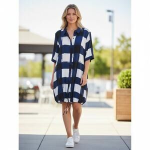 Alfani Navy Black Colorblock Sheath Dress Sz 12 Button up Drawstring Hem